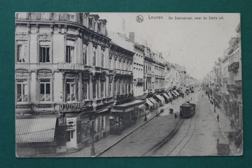 Postcard PC Leuven Loewen 1918 Statiestraat Tram shops cafe Belgium Belgie